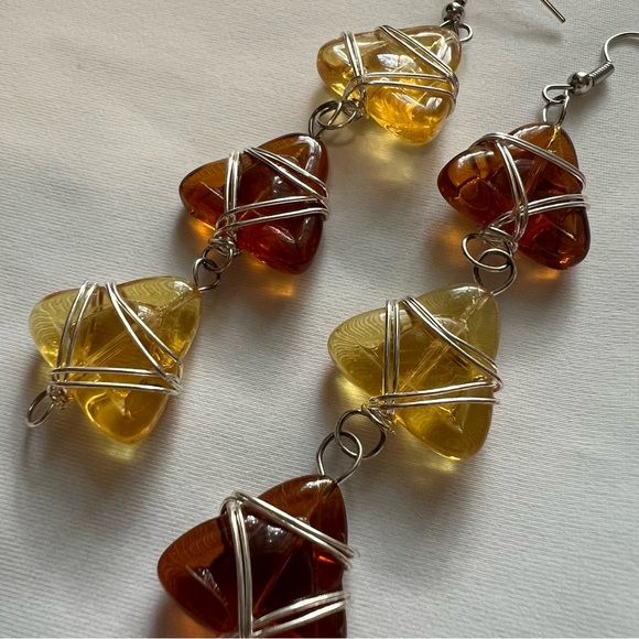Honey Amber Lemon Color Lucite Resin Geometric Artisan Wrapped Dangle Earrings - Picture 3 of 8